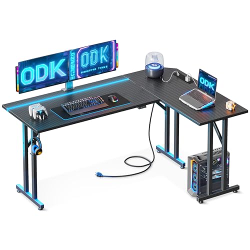 ODK Gaming Desk with LED Lights, L Shaped Gaming Desk with Power Outlet, Corner Desk with Headphone Hook for Gamer, Carbon Fiber Black 140×100 cm