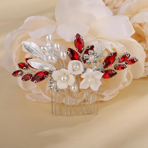 Peineta para cabello flores cristal plata-rojo 9x6cm miniatura 2