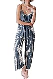 HVEPUO Spaghetti Strap Bohemian Summer Jumpsuits for Women Tie Dye Pant Rompers Casual Loose Plus Size Jumpers with Pockets Grey L