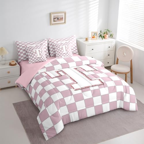 Image of Erosebridal Pink Initial T Queen Comforter Set with Sheets 7 Piece Kawaii Plaid Checkered Bed in A Bag Cute Personalized Monogram Bedding Sets for Kids Girls Teen Women,Fashion Grids Gingham Bed Set