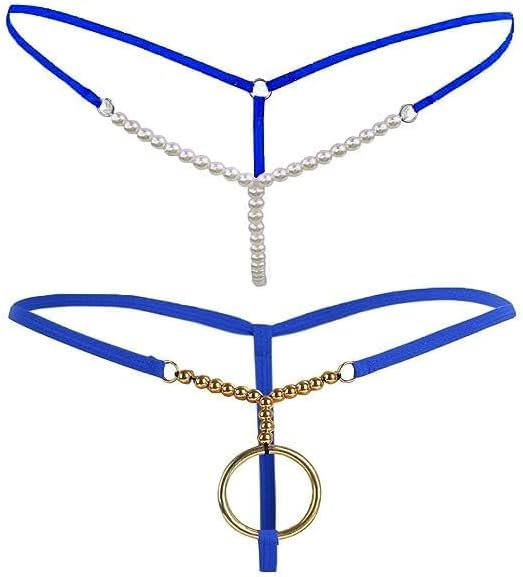 Polyester Men's and Women's Thong Bikini Metal O Ring Type Pearl G-String Low Waist Lingerie Thong, Free Size Hot and Sexy