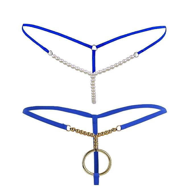 Polyester Men's and Women's Thong Bikini Metal O Ring Type Pearl G-String Low Waist Lingerie Thong, Free Size Hot and Sexy