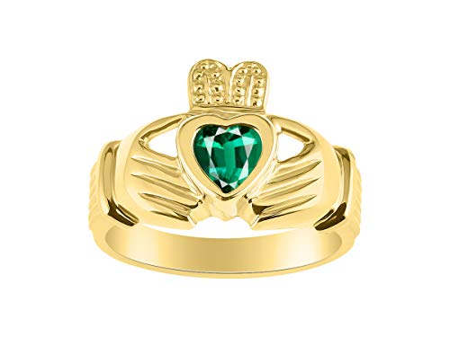 Rylos Rings 14K Gold Plated Silver Claddah Love, Loyalty & Friendship Heart 6Mm Gem Irish Wedding Band Claddagh Rings May Emerald Jewelry For Women Sterling Silver Rings For Women & Men Size 5-13 #TOP22