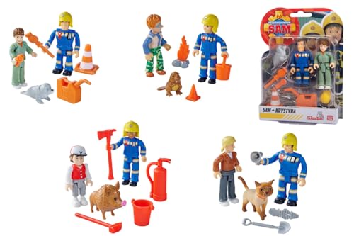 Simba 109252623 Sam Le Pompier V Lot de 4 pièces, avec de Nouveaux Uniformes, chacun avec 2 Figurines, 1 Animal et Accessoires, Mobile, 7,5 cm, à partir de 3...