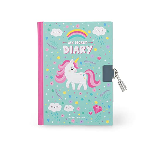 Legami - Diário secreto com cadeado, 328 páginas, com marcador de página, papel certificado, 11 x 15,5 cm, tema Unicorn