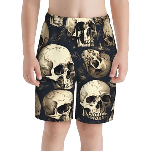 Boys Beach Board Shorts Swim Trunks Quick Dry Swimwear Kids Youth, Skull Gothic Bones3