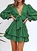 Dokotoo Dresses for Women 2026 Wedding Guest Spring Deep V Neck Ruffle Elegant Long Lantern Sleeve Empire Waist Tie Knot Chiffon Boho Tunic Swing A Line Flowy Mini Dress Vacation Dresss Green Large