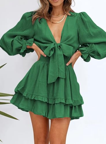 Image of Dokotoo Womens Casual Spring Fall 2025 Deep V Neck Knotted Tiered Chiffon Elegant Mini Short Swing Skater Dresses