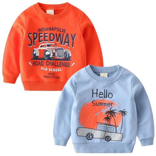 Image of GFQLONG 2 Pack Toddler Boys Long Sleeve Pullover Crewneck Tops Shirts, Cotton Warm Dinosaur Cartoon Sweatshirts,Red+Blue,1-2T