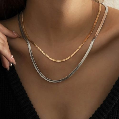 Zeshimb Herringbone Chain Choker Necklace Layered Flat Snake Chain Necklace Two Tone Gold Silver Chain Necklace Dainty Cuban link Necklace Hip Hop Jewelry for Women by Zeshimb - Used condition - Image 2