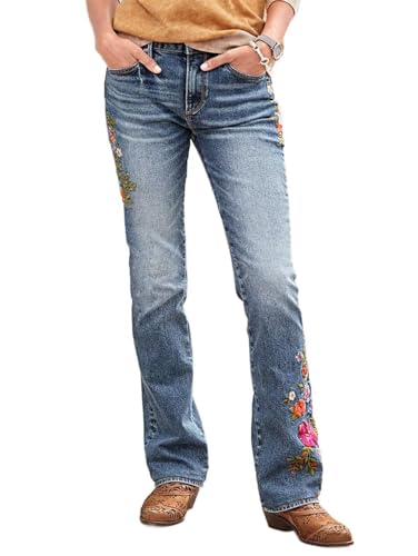 Flamingals Women's Floral Embroidery Mid Waist High Stretch Bootcut Jeans with Pockets2
