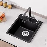 ANYCEE Fregadero Cocina Negro 40x46 cm, 80% Arena Cuarzo Fregadero Cocina 1 Seno Incl Sifón para Armarios Bajos a Partir 40 cm Ancho
