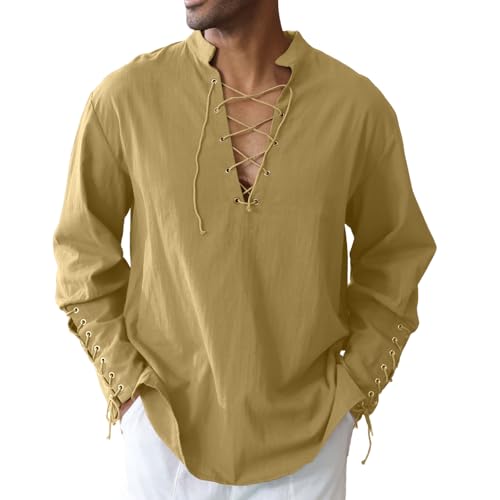 Image of CTU Men's Cotton Shirt Pirate Shirt Medieval Viking Renaissance Costume | V-Neck,Drawstring Collar,Linen Tunic,Ren Faire,Plus Size,Goth,Big and Tall,Halloween