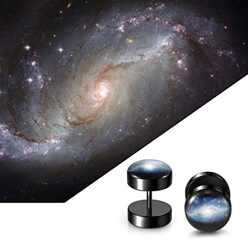 PiercingJak 6 Pairs Fake Gauges Earring 18G Solar System Galaxy Universe Stainless Steel Stud Barbell 00G Cheater Fake Ear Plugs Illusion Tunnel Piercing Stud Screw Earrings