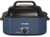 26 Quart Electric Roaster Oven with Visible & Self-Basting Lid, Large Turkey Roaster with Defrost Warm Function, Adjustable Temperature, Removable Pan Rack, Stainless Steel, Blue