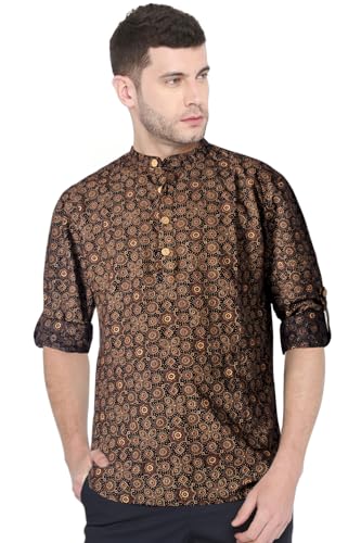 Chandrakala Slim Fit Printed Short Kurta for Men Cotton long roll-up sleeves Straight Tunic Black Brown,Large (MK115BLA3)