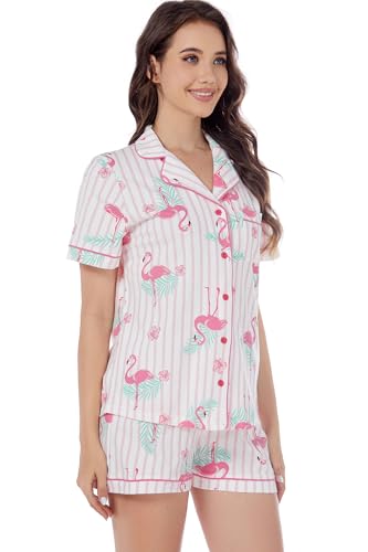 Image of LUBOT 100% Cotton Pajamas for Women 2 Piece PJ Set Button-Down Soft Knit Short Sleeve Summer Sleepwear Loungewear XS-XXL