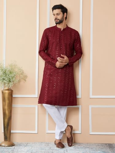 Image of See Designs Men's Long Sleeve Mandarin Collar Side Slit Embroidered Thread Work Sequinned Chanderi Silk Straight Kurta with Pyjama