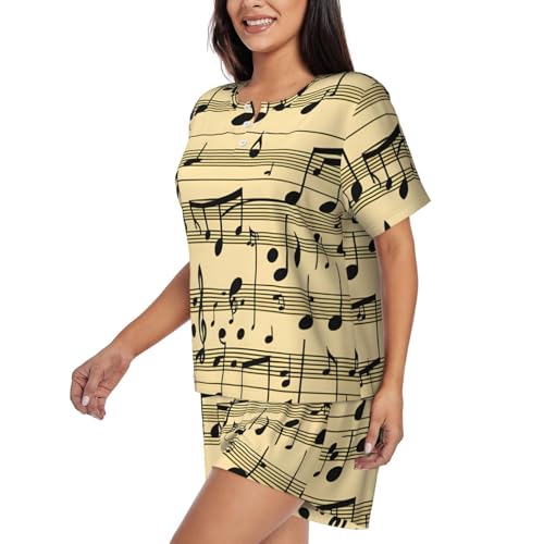 Pijama de manga corta para mujer con estampado de notas musicales para verano 2
