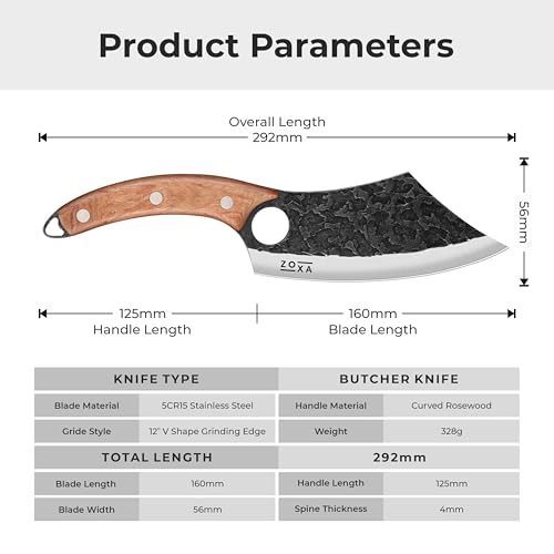 Zoxa Hakai Chef Cleaver Knife – Full Tang High Carbon Stainless Steel Butcher Knife with Ergonomic Rosewood Handle & Leather Sheath – Sharp Meat Cutting Knife for Kitchen, Camping & BBQ - Image 6