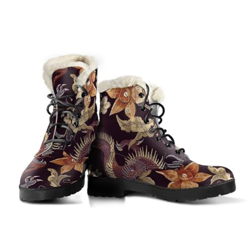 Dragon Flower Pattern Faux Fur Leather Boots - Vintage Style