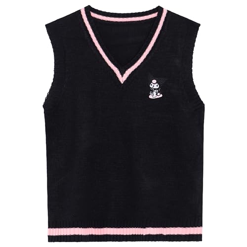 Image of Cartoon Sweater Vest Women Preppy Style V Neck Knit Sweaters Girls School Uniform Anime Sleeveless Pullover Tank Tops Black S