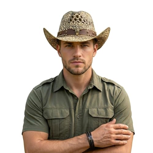 Image of Men & Women's Summer Cowboy Cowgirl Straw Hat Hollow Out Woven Roll Up Wide Brim Sun Hat with Chin Strap