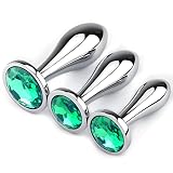 3Pcs Metal Anal Plug Set Unisex Beginner Training Kit Small-Med-Large Silver-Green Jewel-Crystal Accents