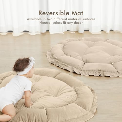 ANGELBLISS 5 in 1 Baby Play Gym Mat, Reversible Tummy Time Mat with 5 Sensory Toys for Stage-Based Developmental, Thick & Large Baby Activity Center from Newborn to Toddler (Khaki) - Thumbnail 5
