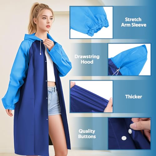 GAOHUI EVA Regenponcho für Erwachsene, Wasserdichter Regenmantel mit Kapuze, Wiederverwendbar & Atmungsaktiv, Transparentes Regencape für Wandern, Radfahren, Camping & Reisen (Blau)