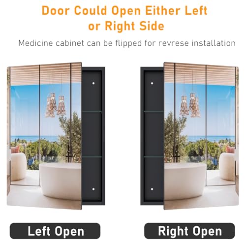 Image of Black Medicine Cabinet with Mirror, 15x20 Inch Bathroom Mirror with Storage, Waterproof Metal Recessed and Surface Mount Medicine Cabinets, Stable and Removable 2 Glass Shelves, Easy Installation