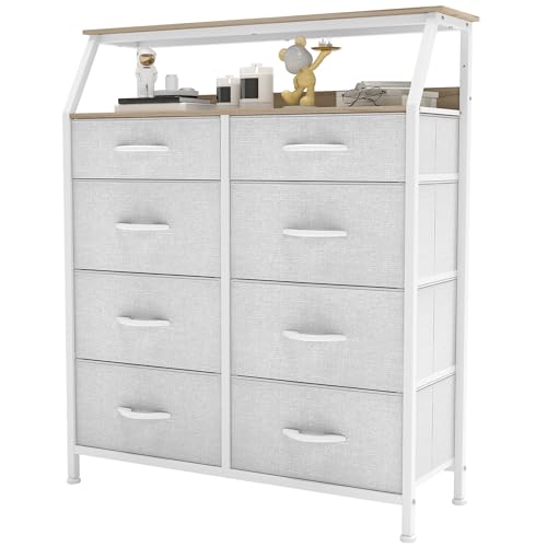 YITAHOME Comoda Cajones,Cómoda con 8 Cajones de Tela,Sinfonier,Robusta Estructura metálica,Cómoda con Tapa de Madera,Gris Claro