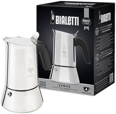 Bialetti - Neue italienische Espressomaschine Venus Induction aus Edelstahl, geeignet für alle Arten von Tellern, 4 Kaffeetassen (170 ml), Silber