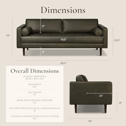 Image of Poly & BARK Napa 88.5 inch Leather Sofa - Full-Grain Italian-Tanned Aniline Leather, Feather-Down Comfort, Solid Wood Frame, Walnut Legs, Olivine Green