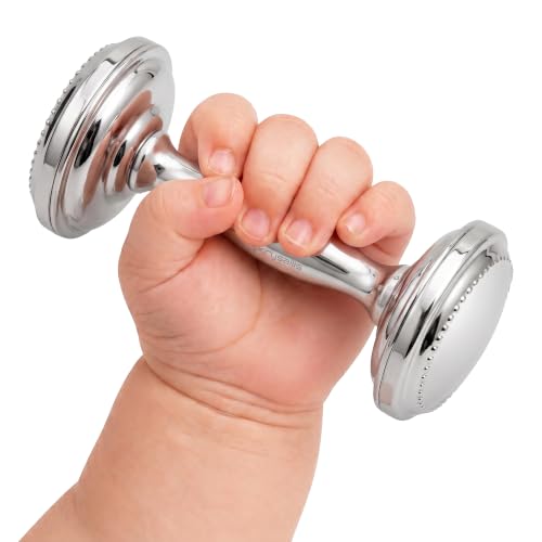 Silver Plated Beaded Dumbbell Rattle for Newborn Baby boy and Baby Girl - Non-tarnishing Durable and Custom Engraveable Gift - Packaged in a Beautiful Gift Box