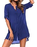 Ekouaer Bathing Suit Cover Up for Women V Neck Button Down Swimsuit Coverup Beach Dress Shirt Snorkel Blue