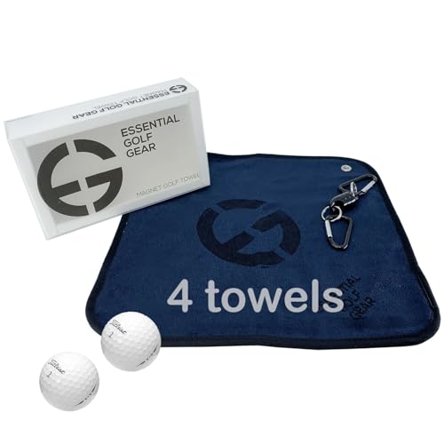 EGG PRO Essential Golf Gear Magnetic Golf Towel, 10.5-inch Square, Navy Blue with 26-inch Retractable String, Carabiner Clip and 3 Extra Microfiber Towels (Total 4 Towels)