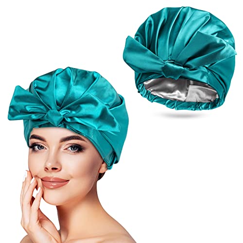 Unaikoo Shower Cap for Women Reusable Waterproof Silk Satin Bonnet For Women, Double Layer Polyester Shower Cap, Bathing Cap Hair Cap For Shower with Ribbon Bow Green