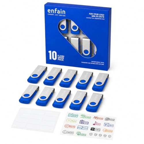Image of Enfain Swivel USB Flash Drive 10 Pack, Blue Thumb Drives with Labels and Gift-Ready Box, 16GB USB 2.0 for Office, Classroom, Training, Team File Sharing