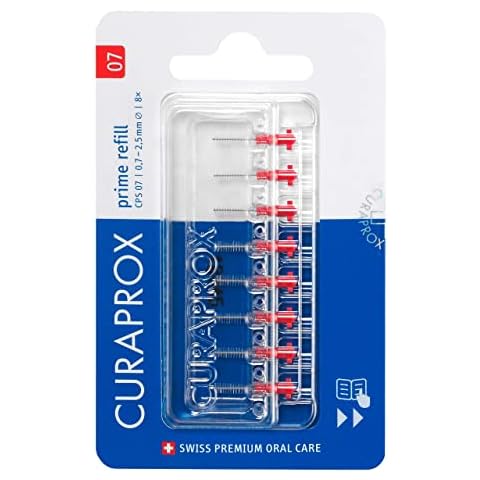 Curaprox CPS 07 Prime Refill Interdental Brushes, Red, 8 Count - 8 x 0.7mm - 2.5mm Internal Toothbrushes Cover