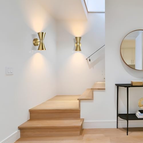 Image of Modern Brass Wall Sconce Set of 2, Small Mid Century Sconce Wall Lighting E12 Base Vintage Hardwired Wall Lamp Indoor Bathroom Wall Mount Light Fixture for Bedroom, Living Room, Hallway