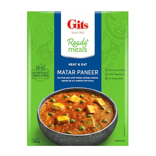 Image of Gits Ready to Eat Matar Paneer, Pure Veg, Heat and Eat Spicy Curry, Microwaveable, 285g (Pack of 2)