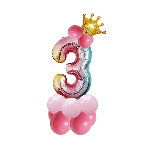 Rainbow Color Number 3 Balloon for 4th Birthday, Foil Letter Balloon Set, 14 PCS, 32 inch, with Crown shaped Foil Balloon & Rose Pink Latex Balloons (32 inch 3)