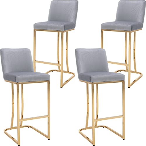 Wahson Set Of 4 Classic Modern Velvet Upholstered 29" H Bar Height Stools, For Kitchen Island / Dining Room, With Golden Metal Frame, Grey #TOP17
