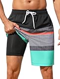 SILKWORLD Mens Swim Trunks with Compression Liner 2 in 1 Quick Dry Bathing Suit Stretch No-Chafing Beach Shorts with Zipper Pockets, Black Charcoal & Teal, L