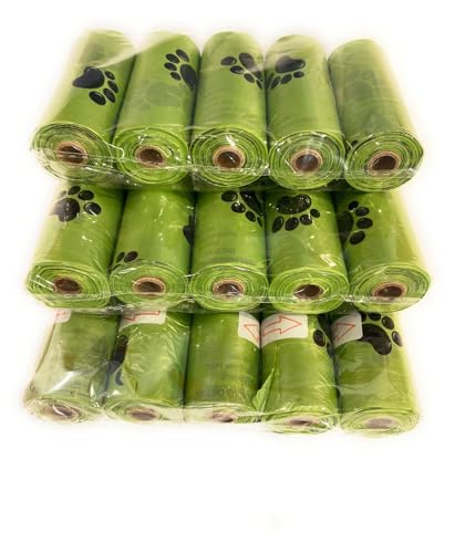 Image of Dog Poop waste Bags with Paw Print Design, 15 Rolls, total 225 Count, Thick & Leak-Proof, 8.7 x 11.8 inches, Unscented
