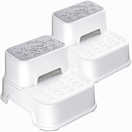 Two Step Stool For Kids, Double Up Toddler Step Stool For Potty Training, Kitchen, Bathroom, Toilet Stool With Anti-Slip Strips For Safety, Stackable, Wide Step (2 Packs White) #TOP17