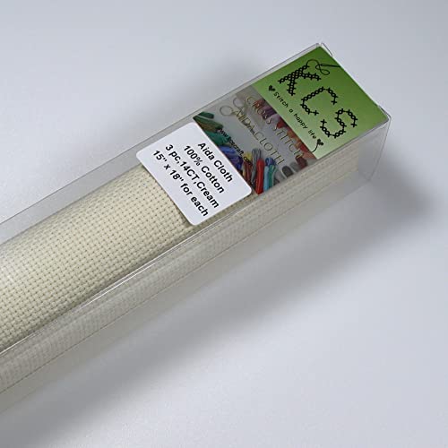 Image of KCS 3 pc of 15 inch x 18 inch Counted Cross Stitch Cotton Aida Cloth Needlework Rolled Fabric Box,14CT,Cream
