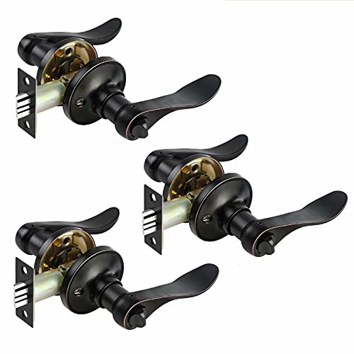 3 Pack Wave Lever Keyless Door Lock, Oil Rubbed Bronze Interior Door Handle Hardware Knob, Wave Handle Lever, Reversible for Left and Right Handed