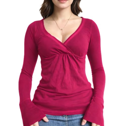 Image of Women Fairy Grunge Aesthetic Shirts Tops Long Sleeve V Neck Tops Girl Basic Slim Fit Blouse Streewear